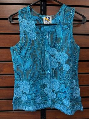 Embellished Lace Sheer Camisole Show Shirt - Teal Blue